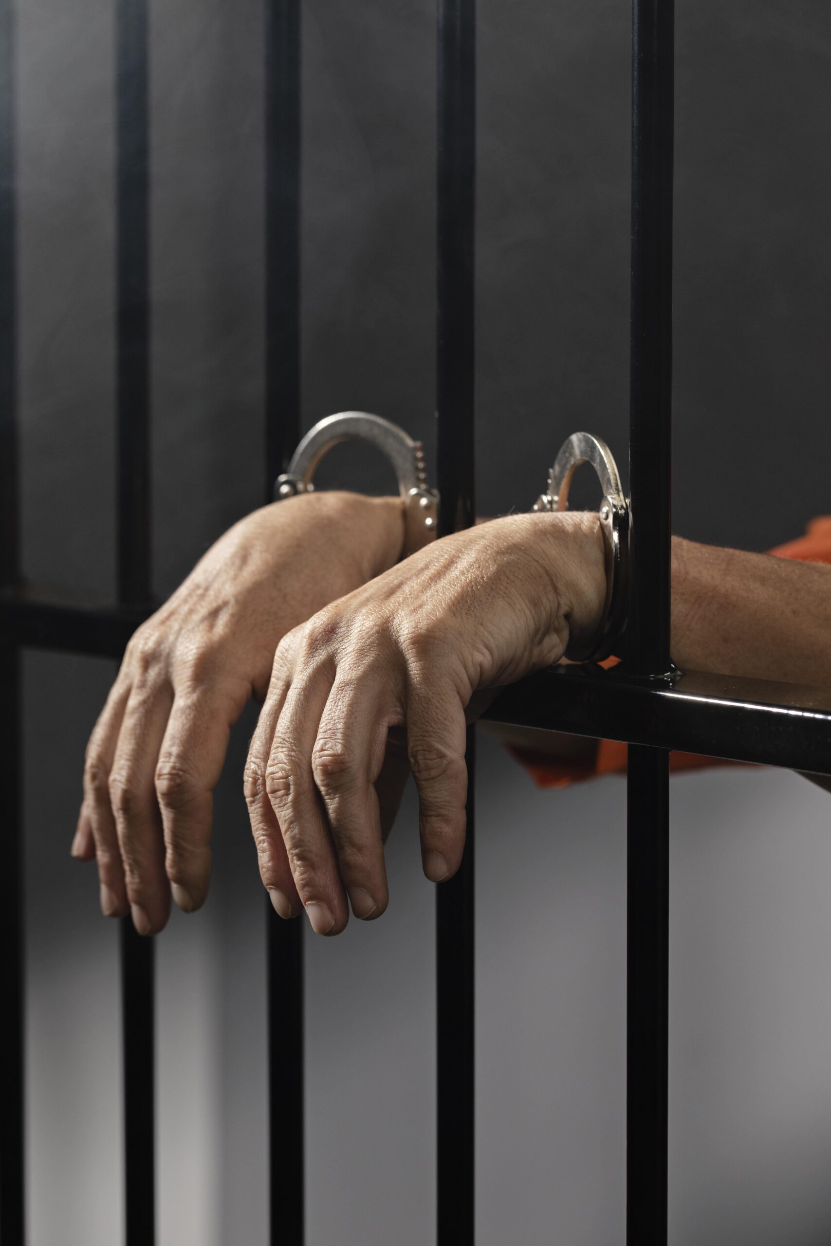 close up hand wearing cuffs jail
